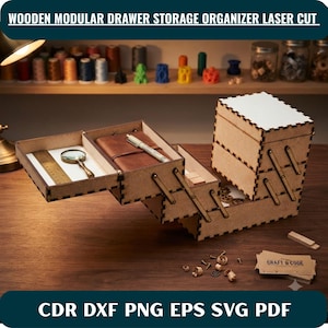 May include: A wooden modular drawer storage organizer with laser-cut edges, featuring an expandable tiered design. The unit includes multiple compartments, a magnifying glass, a ruler, and a notebook. Text reads: WOODEN MODULAR DRAWER STORAGE ORGANIZER LASER CUT CDR DXF PNG EPS SVG PDF.