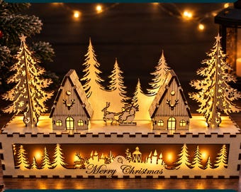 Pueblo navideño de la Natividad SVG, caja de luz de madera, archivo de corte láser, escena de pueblo navideño DXF PNG EPS PDF CDR