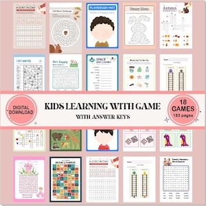May include: A digital download of 18 printable kids learning games with answer keys. The games include mazes, word searches, and other activities. The games are designed for children aged 3-7. The games are perfect for homeschooling, preschool, or kindergarten.