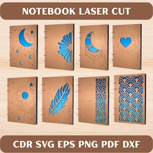 Puede incluir: Una colección de cuadernos de madera cortados con láser con varios diseños. Cada cuaderno presenta un diseño recortado azul único, que incluye una luna creciente, estrellas, una flor, una pluma y patrones geométricos. Se muestra el texto "NOTEBOOK LASER CUT" y las opciones de tipo de archivo.
