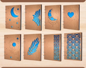 Notebook Laser Cut SVG Bundle | Notebook SVG Design | Laser Cut Files, Laser Cut Sunflower, Moon Unique Design Notebook Cover Template