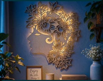 Archivo de corte láser para arte mural de niña floral, silueta de mujer SVG, decoración botánica de madera