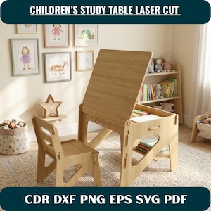 Escritorio infantil SVG / Mesa Montessori Archivo de corte láser / Silla de madera DXF / Planos para fresadora CNC / Glowforge Cricut Cdr Eps Pdf Png