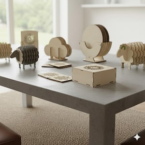 Puede incluir: Una colección de artículos de decoración para el hogar de madera, que incluyen figuras de ovejas, posavasos y una caja con un diseño decorativo. Los artículos están dispuestos sobre una mesa gris, creando una estética rústica. Las figuras de ovejas miden unos 10 cm de largo.