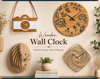 Archivos de corte láser para reloj de pared de madera, paquete de archivos SVG para reloj, plantilla de reloj de madera para bricolaje, decoración CNC
