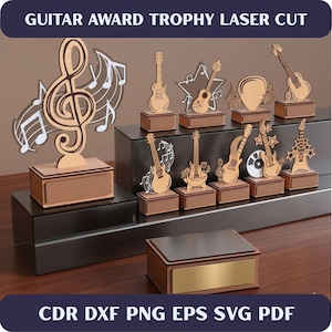 Puede incluir: Una colección de trofeos de premio de guitarra cortados con láser de madera. Los trofeos presentan varios diseños de guitarra, notas musicales y una clave de sol. El texto "GUITAR AWARD TROPHY LASER CUT" está en la parte superior. El texto inferior dice "CDR DXF PNG EPS SVG PDF".