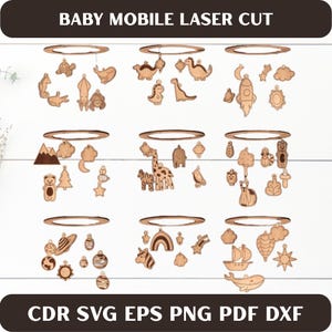 Op de afbeelding: Houten baby mobielen met lasergesneden ontwerpen. Elke mobiel heeft verschillende vormen, waaronder dieren, sterren en wolken. De tekst "BABY MOBILE LASER CUT" staat bovenaan en "CDR SVG EPS PNG PDF DXF" onderaan.