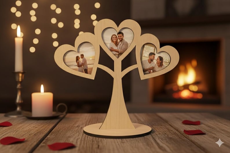 May include: A wooden photo display in the shape of a tree, featuring heart-shaped frames holding three photographs. The display sits on a wooden table with candles and rose petals, creating a romantic ambiance.