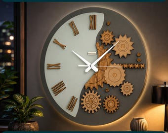 May include: A circular wall clock featuring a split design with a light gray left side displaying wooden Roman numerals and a dark gray right side showcasing exposed wooden gears. The clock has white hands and a glowing backlight effect.