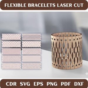 Könnte beinhalten: Lasergeschnittene Holzarmbanddesigns und ein zylindrischer Halter. Die Armbänder weisen verschiedene Muster auf, darunter Herzen und geometrische Formen. Der Halter hat ein dekoratives Lochmuster. Der Text oben lautet "FLEXIBLE BRACELETS LASER CUT".