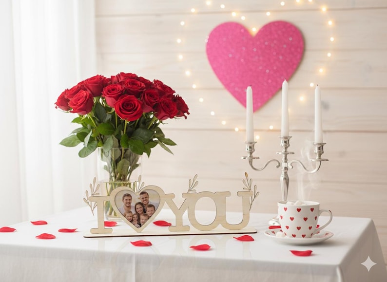 May include: A romantic scene featuring a bouquet of red roses in a glass vase, a wooden "I LOVE YOU" photo frame, a candelabra with three white candles, and a heart-decorated teacup. Red rose petals are scattered on the white tablecloth.