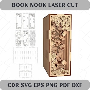 May include: Laser-cut wooden book nook with an "Alice in Wonderland" theme. The design includes laser-cut panels, and the text "BOOK NOOK LASER CUT" and "CDR SVG EPS PNG PDF DXF". The book nook features intricate details and is made of light-colored wood.