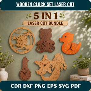 Pacchetto SVG per orologi per bambini / Orologio da parete in legno 5 in 1 DXF / File di taglio laser con animali dei cartoni animati / Progetto di decorazione per la cameretta / Vettore per macchine CNC Glowforge