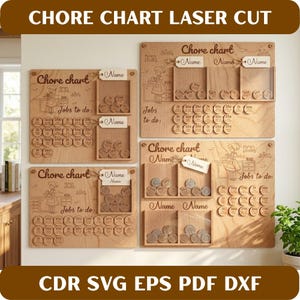 May include: Wooden chore charts with laser-cut designs. Each chart features a section for a name, a depiction of a person, and slots for chore completion tokens. The text "Chore chart" and "Jobs to do" are visible. The image also includes the text "CDR SVG EPS PDF DXF".