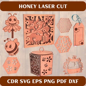 Puede incluir: Una colección de artesanías de madera cortadas con láser con un tema de abeja. Incluye un diseño floral cuadrado, una caja, un llavero y varias formas de abeja y panal. El texto "HONEY LASER CUT" y "CDR SVG EPS PNG PDF DXF" son visibles.