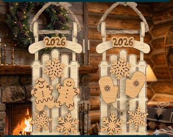 Adorno navideño de trineo de Papá Noel cortado con láser en formato SVG, decoración colgante navideña, adorno de invierno para descarga digital, archivo para Cricut Glowforge.