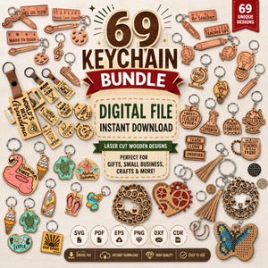 Puede incluir: Un paquete digital de 69 diseños de llaveros de madera cortados con láser con formas de reglas, lápices, globos terráqueos, corazones, mariposas y animales. La imagen incluye textos como 69 KEYCHAIN BUNDLE, DIGITAL FILE e INSTANT DOWNLOAD.