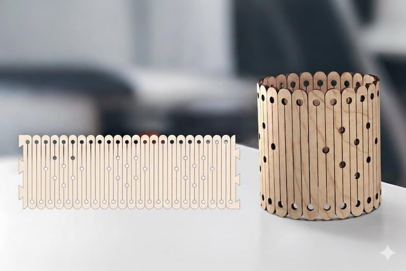 May include: A wooden cylindrical container and a flat wooden piece. The container is made of vertical wooden slats with evenly spaced holes. The flat piece has a similar design, with vertical slats and holes, and is designed to interlock with the container.
