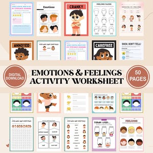 50 Feelings check-in worksheet for kids, emotions identification via emojis, Emotions Feelings Worksheets for Children, Emotional Regulation