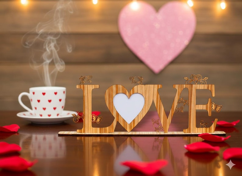 May include: A wooden "LOVE" sign with a heart-shaped cutout, a cup of coffee with heart designs, and scattered rose petals. A pink heart is in the background, with soft lighting.