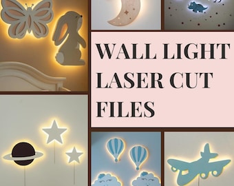 Op de afbeelding: Een verzameling lasergesneden wandlampen in diverse vormen, waaronder een vlinder, konijn, maan, sterren, planeten, dinosaurussen, luchtballonnen en een vliegtuig. De lampen hebben zachte pastelkleuren en geven een warme gloed. De tekst "WALL LIGHT LASER CUT FILES" is ook zichtbaar.
