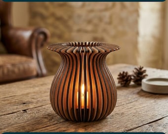 Portavelas de madera en espiral SVG, lámpara cortada con láser, plantilla de farol de madera 3D, archivo de corte para portavelas, archivo Glowforge Cricut