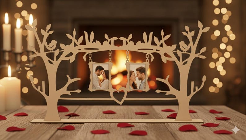 May include: A wooden photo frame in the shape of a tree, with two hanging picture frames. The frame has a heart-shaped cutout and is decorated with leaves and birds. Red rose petals are scattered on the table.