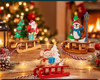 Archivo de corte láser de trineo navideño, decoración navideña de madera SVG, adorno de trineo de Papá Noel, decoración navideña DIY