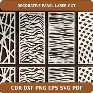 Puede incluir: Paneles decorativos cortados con láser en blanco, con diversos diseños que incluyen líneas onduladas, rectas y formas geométricas. La imagen muestra el texto "DECORATIVE PANEL LASER CUT" y opciones de formato de archivo.