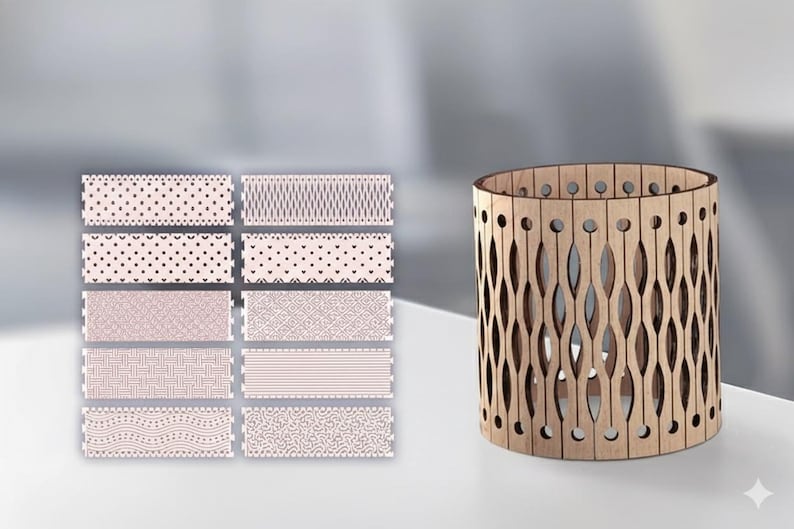 May include: A cylindrical wooden candle holder with an openwork design of elongated ovals and small circles. To the left are rectangular tiles with various patterns in pink and brown, including hearts, dots, and geometric shapes. The candle holder is approximately 15 cm tall.