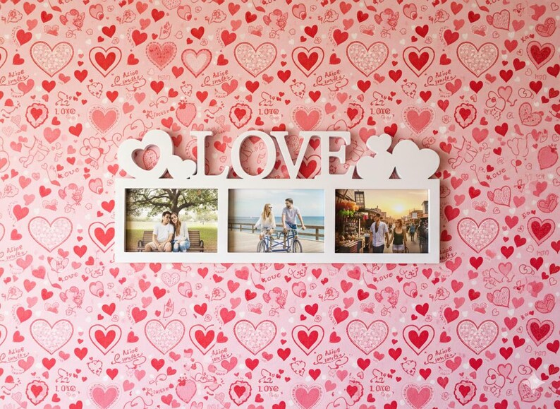 May include: A white "LOVE" photo frame with three openings, set against a pink wallpaper covered in red hearts. The frame holds three photos of couples. The wallpaper has various heart designs and the words "Alive" and "Love".