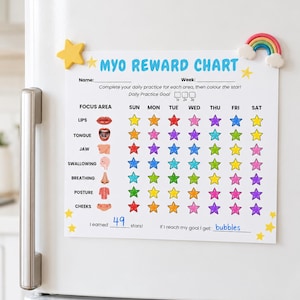 May include: A white MYO REWARD CHART paper with blue text, featuring rows for focus areas like lips, tongue, jaw, swallowing, breathing, posture, and cheeks. It includes columns for days of the week with colorful star icons and handwritten text.