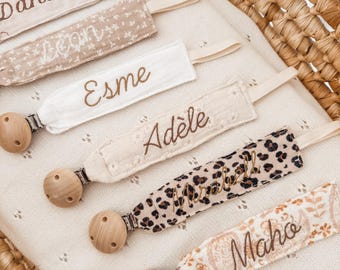 Clip per ciuccio personalizzata per neonati – clip per ciuccio in legno e tessuto – regalo per neonati – nome ricamato – bambina/bambino