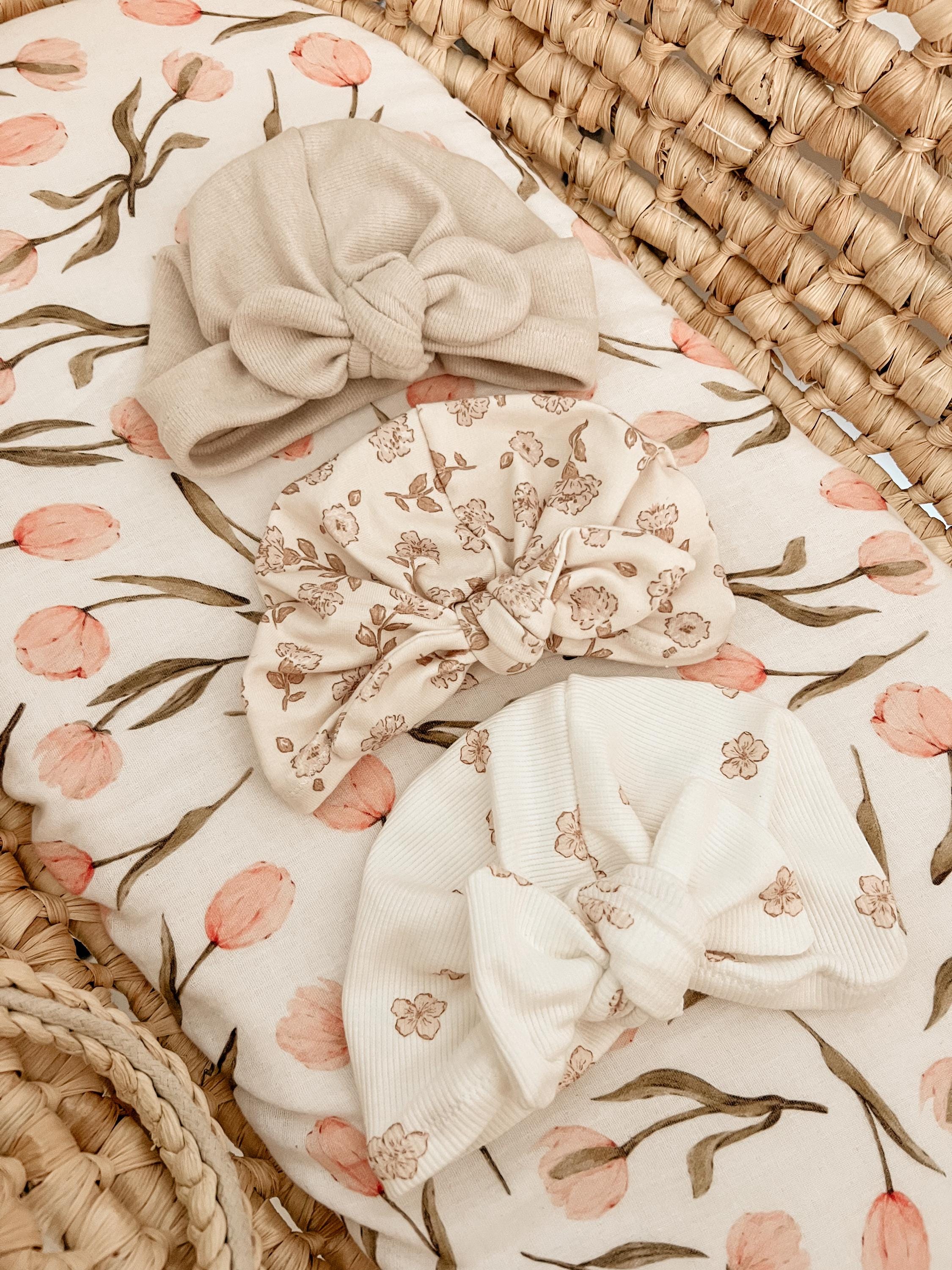 Lot De 3 Bonnets Bébé 0-3 Mois - Coton Doux - Turban Avec Nœud Papillon - Pour Nouveau-nés