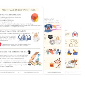 May include: A set of illustrated cards with the title "NIGHTMARE RELIEF PROTOCOL". The cards feature text and simple drawings, including images of people, houses, and abstract shapes. The color palette is soft, with beige, orange, and pastel hues.