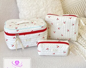 Cute Red Cherry Quilted Cotton Large Handle Makeup Bag, Cosmetic bag, Large Capacity Makeup Bag, Makeup Toiletry Organizer, gift for her