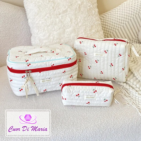 Cute Red Cherry Quilted Cotton Large Handle Makeup Bag, Cosmetic bag, Large Capacity Makeup Bag, Makeup Toiletry Organizer, gift for her