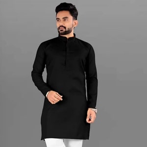 Black Cotton Men&#39;s Kurta: Handmade Indian Wedding Attire