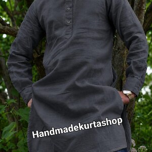 Grey Men's kurta, Handmade Cotton kurta, Indian Ethnic Shirt Wedding Outfit,