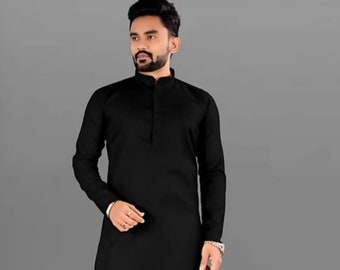 Black Cotton Men&#39;s Kurta: Handmade Indian Wedding Attire
