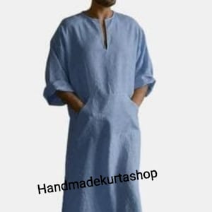 Mens Linen Kaftan: Sky Blue Loose Fit Tunic