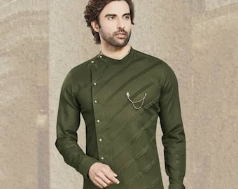 Conjunto de pijama y kurta de algodón elegante para hombre: Kurta de diseñador verde Mehndi,