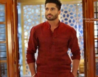 Handmade Cotton Mens Kurta: Maroon Indian Wedding Attire