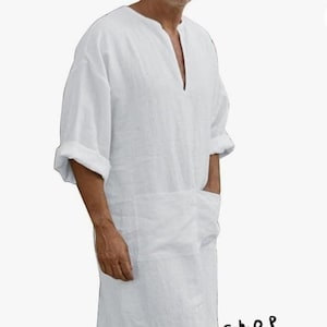 Mens Linen Kaftan: White Loose Fit Cotton Tunic