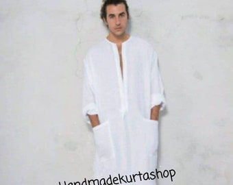 Handmade Mens Linen Kaftan: White Loose Fit Tunic