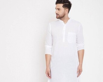Handmade White Cotton Kurta: Indian Men's Party Wear