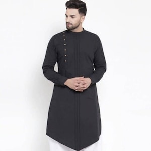 Männer schwarze Baumwolle Pintex Design Kurta: Traditionelles Herrenoutfit,