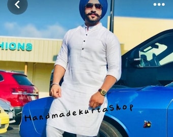 Mens White Cotton Kurta: Traditional Indian Panjabi Shirt