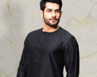 Kurta negra de algodón hecha a mano para hombre: atuendo tradicional indio para hombre.