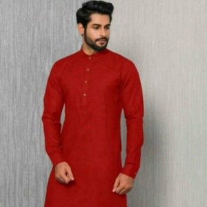 Handmade Red Cotton Kurta: Traditional Indian Mens Outfit